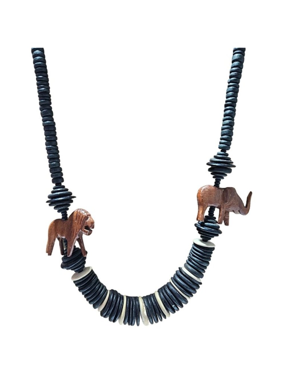 African Safari Necklace Hand Carved Wooden Lion Elephant Black White Disc Beaded